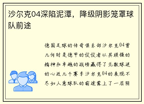 沙尔克04深陷泥潭，降级阴影笼罩球队前途