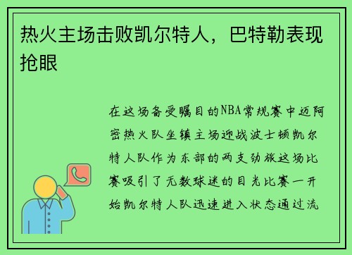 热火主场击败凯尔特人，巴特勒表现抢眼